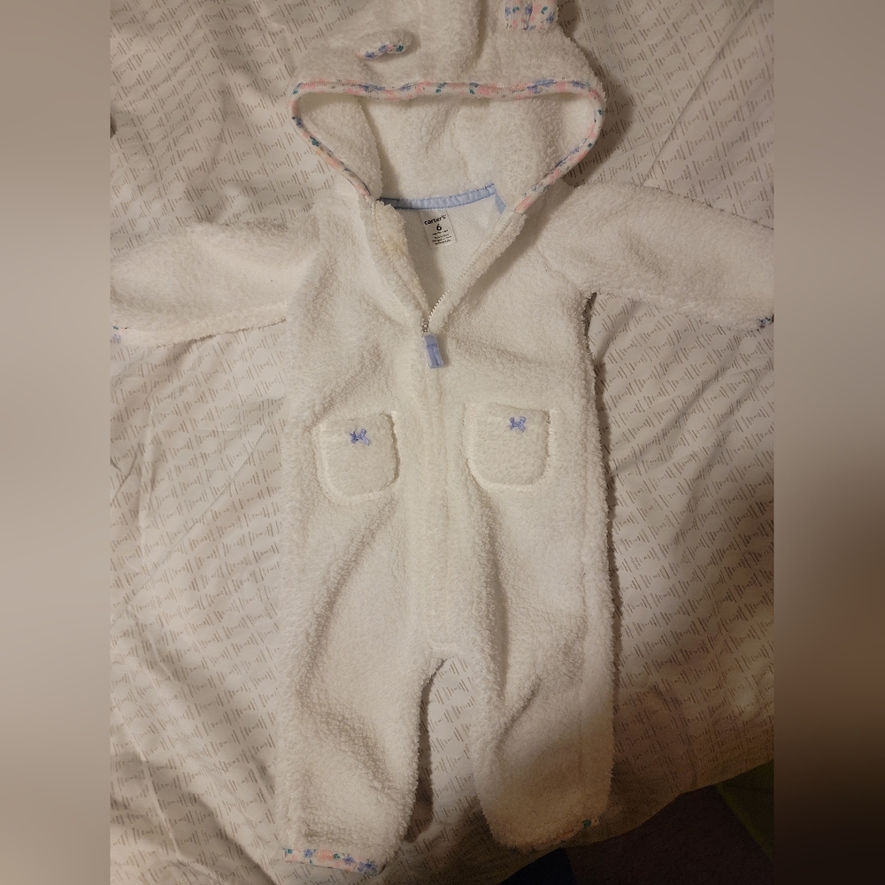 Baby girl snowsuit with hood.